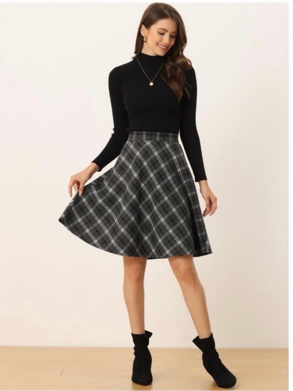 NWT Allegra K Vintage Plaid Tartan Elastic Waist Knee Length A-Line Skirt